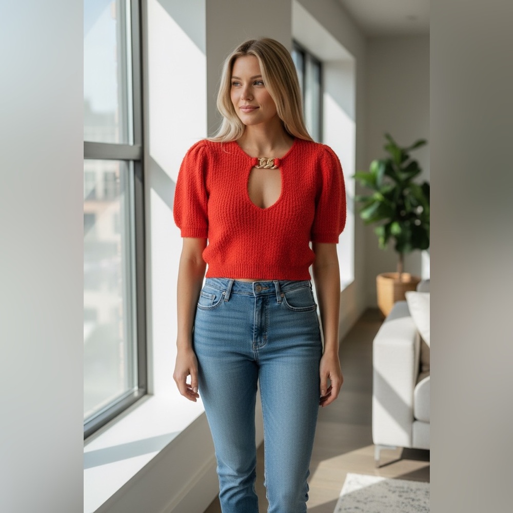 Yllw Red Knit Short-Sleeved Sweater with Gold Chain Accent